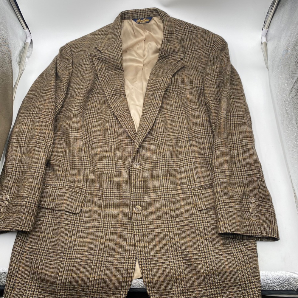 Brooks Brothers Glen Plaid Sport Coat Blazer Mens Brown Tan Wool Made in USA 46R